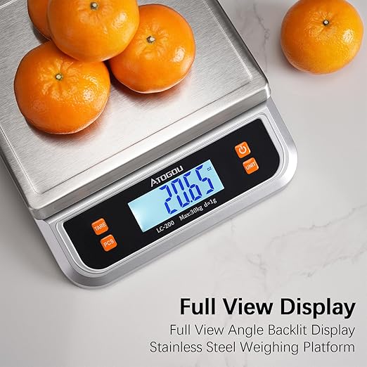 Atogou 66lb Food Scale, Commercial Kitchen Scale Plug-in Usable with Full View LCD Display, Stainless Steel, for Baking, Bread, Cooking, Meat, Vegetables, Farm, Industry LC200 Grey