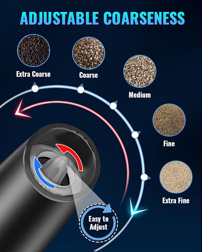 XinXu Rechargeable Pepper and Salt Grinder Set, No Battery Needed, whit Gravity Sensing Switch and LED Light, One Hand Automatic Operation -Black/2 Pack