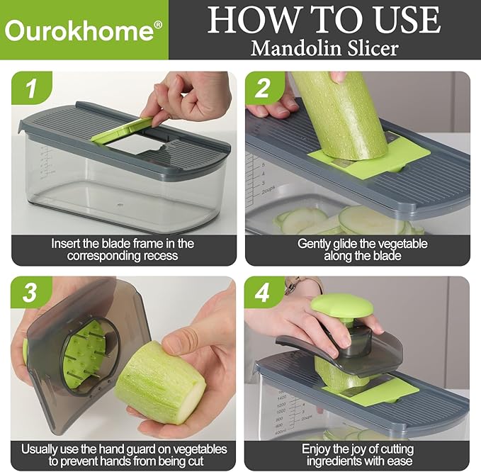 Ourokhome Mandolin Slicer with Handheld Spiralizer, Hand Safe Vegetable Shredder with 6 Mandoline Blades, Veggie Waffle Cutter for Potato, Carrot, Zucchini, Essential Kitchen Gadgets (10 in 1, Gray)