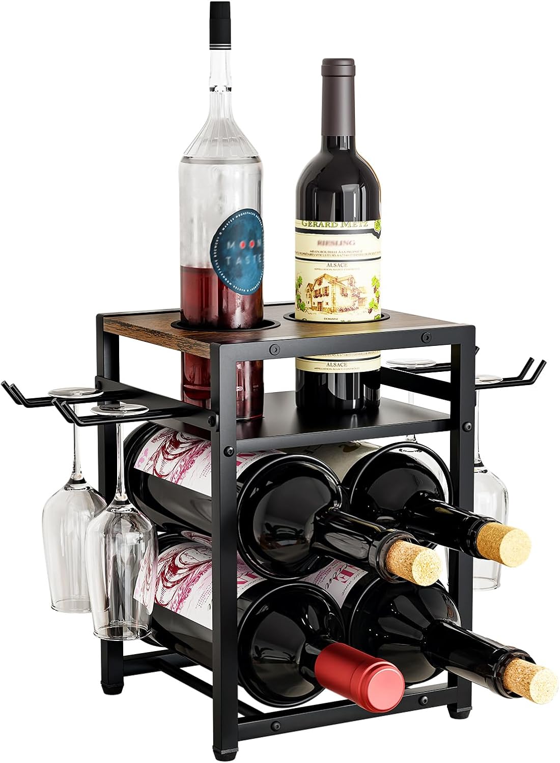 KLM Wine Rack Countertop, 6 Bottle 4 Glass Holder, Modern Wood Storage Stand with Tray, Black