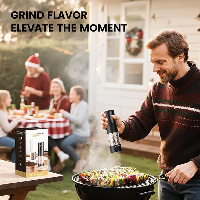 Electric Salt and Pepper Grinder Set - Rechargeable Automatic Salt and Pepper Shakers, Kitchen Appliances with External Adjustable Coarseness, Larger Hopper for Cooking, Home Gifts(2 Pack,Black/White)