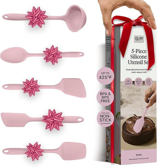 GIR: Get It Right - 5 Piece Essentials All Purpose Set - Ladle, Spatula, Flip, Spoon & Spoonula, Non-stick, Heat Resistant, Dishwasher Safe, Kitchen Utensils, Baking Supplies - Rose