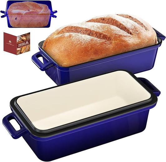 9x5 Enameled Cast Iron Loaf Pan with Lid – Bread Pan for Sourdough, Cake, Meatloaf, Even Heat, Nonstick, Easy to Clean, 2 Piece Set