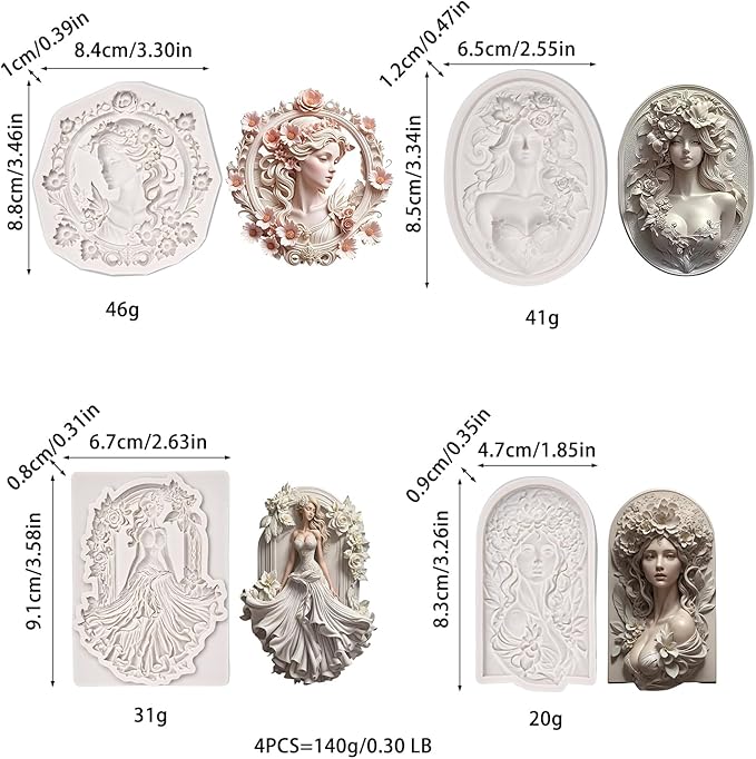 (Four-piece set) Flower picture frame girl, elegant female relief, DIY silicone mold, cake chocolate mold wedding cake decoration tool soft cake