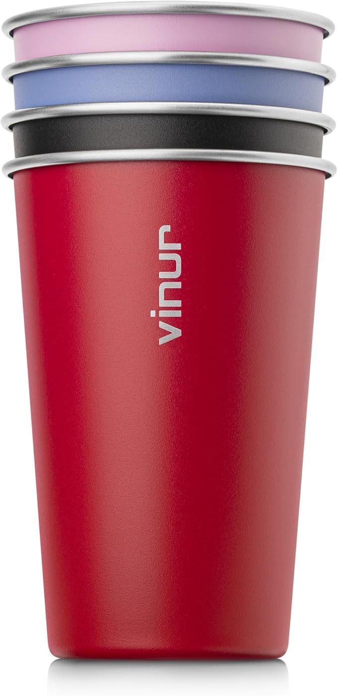 VINUR 16 oz Stainless Steel Cups 4 Pack Pint Tumbler Stackable Metal Drinking Glasses for Travel, Camping, Outdoors (Royal Blue-Canyon Red-Black-Purple Pink)