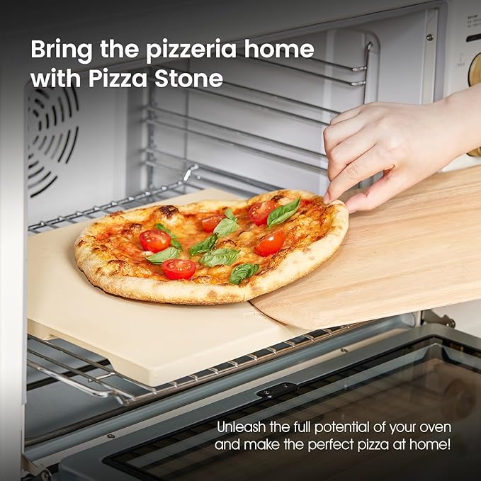 Pizza Stone, 15"x12" Rectangular Pizza Stone for Oven Grill BBQ, Cordierite Baking Stone for Bread, Unique Built-in 4 Handles Cooking Stone