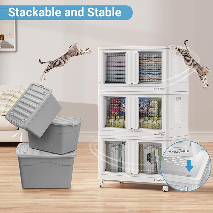 BROVIEW 300Qt Stackable Storage Bins with Lids, 75Gal Closet Organizers and Storage Drawer, Plastic Collapsible Storage Bins with Doors, Heavy Duty Store Box Cabinet for Home Kitchen, 3Pack White