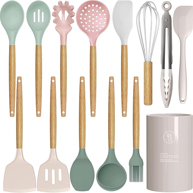 Silicone Cooking Utensils Set - 446°F Heat Resistant Silicone Kitchen Utensils for Cooking,Kitchen Utensil Spatula Set w Wooden Handles and Holder, BPA FREE Gadgets for Non-Stick Cookware (Colorful)