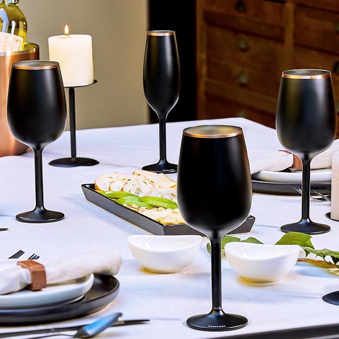 NEWPORT Stemware Collection Premium Vacuum Insulated Stainless Steel Wine Glass, Lightweight Wine Glass, Unbreakable & Drinks Stay Cold, Non-Slip Silicon Base, Cocktail Glasses, 12oz, Black