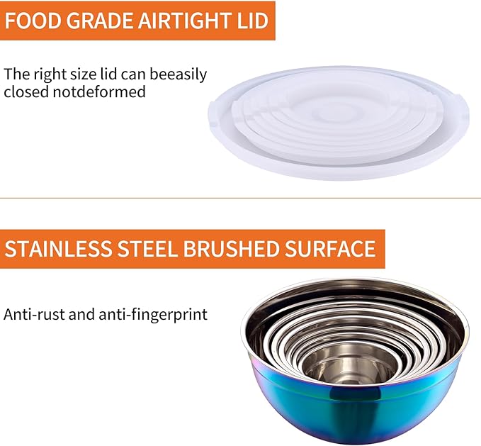 Colorful Mixing Bowls with Airtight Lids, Stainless Steel Nesting Mixing Bowls Set of 7, Ideal for Baking, Prepping and Serving Food, Size 7, 3.6, 2.7, 2.1, 1.5, 1.1,0.8 QT, Stackable Design