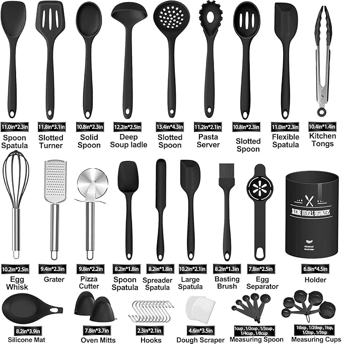 43 Pcs AIKKIL Kitchen Utensils Set, Heat Resistant Silicone Cooking Kitchen Utensils Set with Holder, Spoon, Spatula, Kitchen Gadgets Tools Set For Nonstick Cookware, Dishwasher(BPA Free, Black)