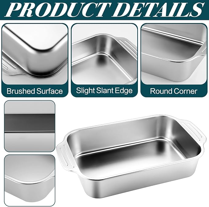 2 Pcs Stainless Steel Deep Baking Pans for Oven Rectangle Cake Pan Bakeware for Fish Cakes Breads Casseroles Vegetables Dishwasher Safe, 13 x 9 x 3. 35 Inch