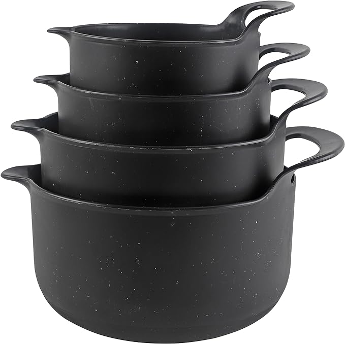 COOK WITH COLOR Nesting Plastic Mixing Bowl Set with Pour Spouts and Handles, Black Speckled, 4 Piece Non-Slip