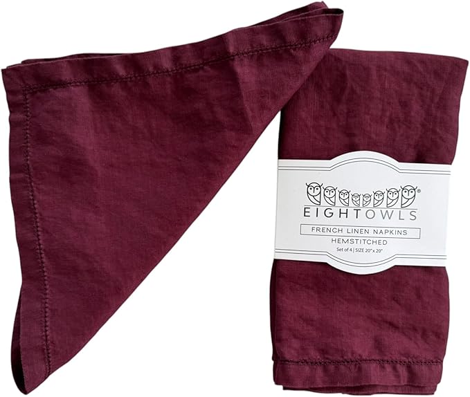 Hemstitched Linen Napkins – 20 Inch x 20 Inch – Stonewashed Pure Linen Cloth Dinner Napkins with Mitered Corners - 100% French Flax – Machine Washable - Set of 4 (Burgundy)
