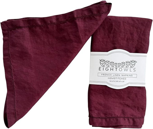 Hemstitched Linen Napkins – 20 Inch x 20 Inch – Stonewashed Pure Linen Cloth Dinner Napkins with Mitered Corners - 100% French Flax – Machine Washable - Set of 4 (Burgundy)