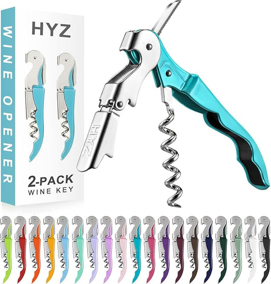 HYZ 2-Pack Wine Opener Waiter Corkscrew, Professional Wine Key for Servers, Bartender with Foil Cutter, Manual Wine Bottle Opener Double Hinged (Blue)