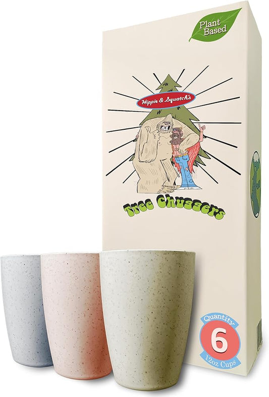 Hippie & Squatch's Tree Chuggers Plant Based Reusable Cups 12 oz - 6 Count - Wheat Straw Plastic Alternative Cups - Dishwasher Safe Tumblers - Unbreakable Drinking Glasses