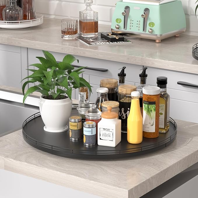 21" Oak Wooden Lazy Susan Turntable for Dining Table, Extra Large Round Lazy Susans Organizer for Kitchen Countertop Charcuterie Boards Cheese Board Organization and Storage Black Home Decor