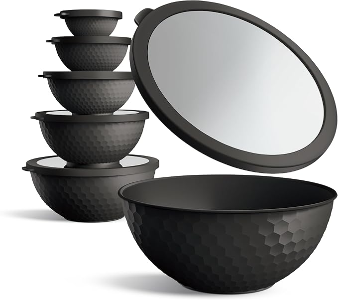 COOK WITH COLOR Mixing Bowls with Lids - 12 Piece Plastic Nesting Bowls Set includes 6 Prep Bowls and 6 Lids, Non Slip Bottom and Embossed Design - Microwave Safe (Black)