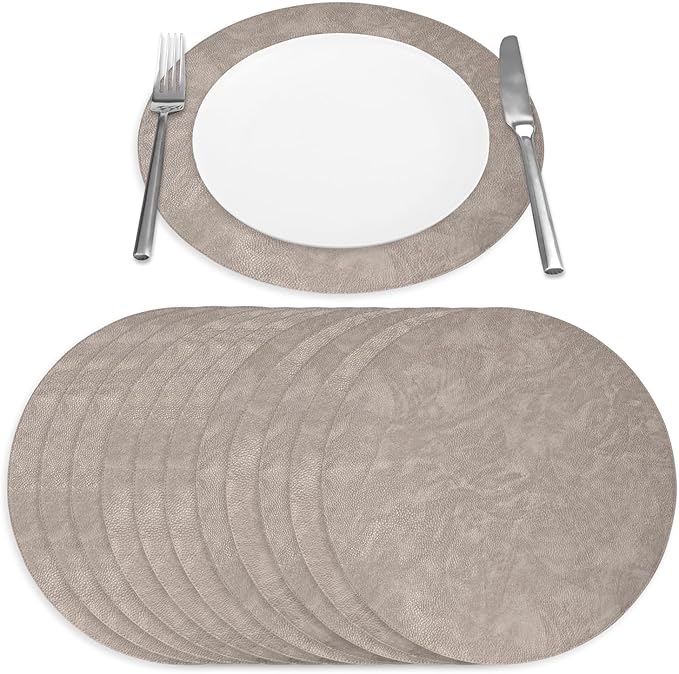 Morgan Faux Leather Round Set of 12 Placemats, 15", Grey, Heat Resistant, Stain Resistant, Non-Slip, Reversible, Durable Table Mats for Kitchen, Dining Table, Indoor Washable Use