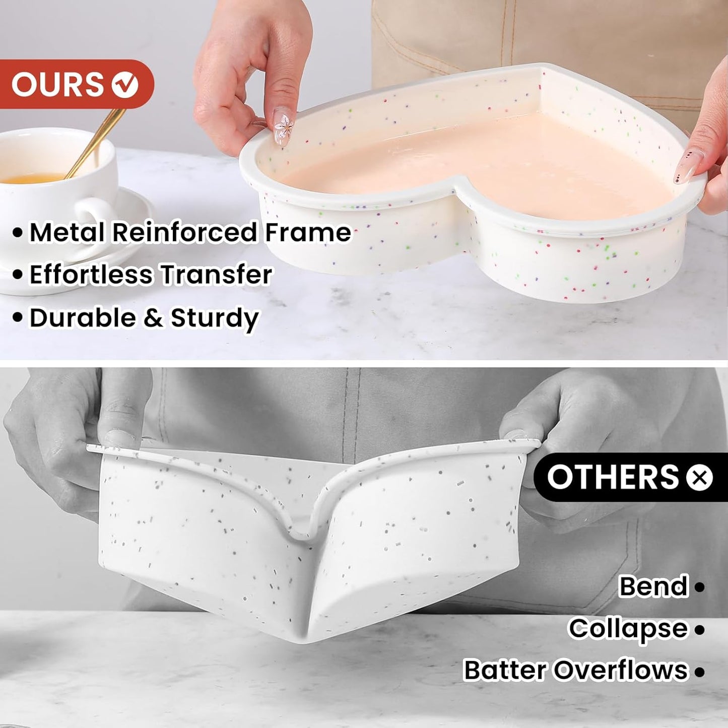 Silicone Heart Shaped Cake Pans with Metal Reinforced Frame, 10 Inch Heart Cake Pan, BPA Free Large Molds for Baking, Food Grade Silicone for Oven, Dishwasher （2 Pack)