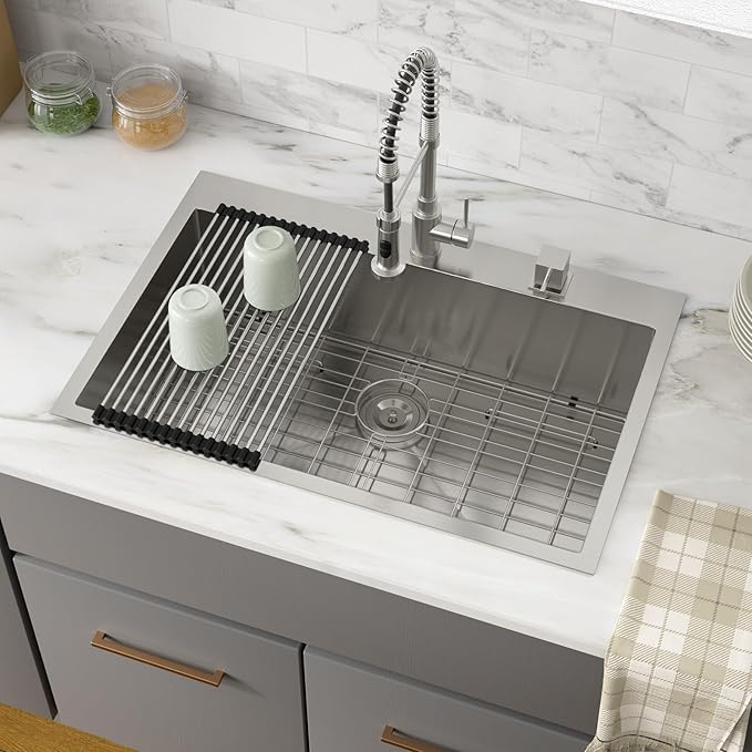 33 Inch Drop In Kitchen Sink - 33x22 Inch Stainless Steel Kitchen Sink Workstation 16 Gauge Single Bowl Deep Basin