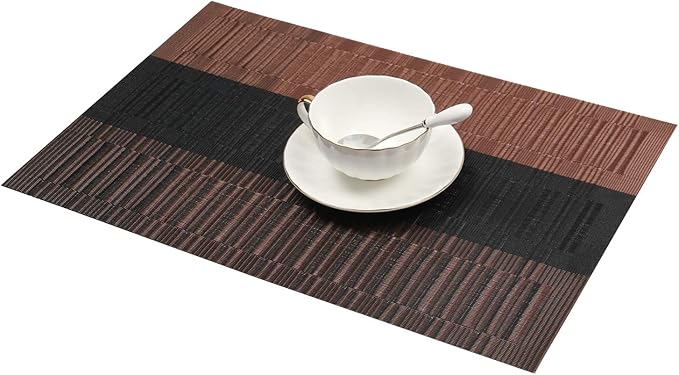 SHACOS Placemats Set of 6 Woven Vinyl Place Mats for Dining Table Heat Resistant Table Mats Wipeable (6, Ombre Coffee Black)