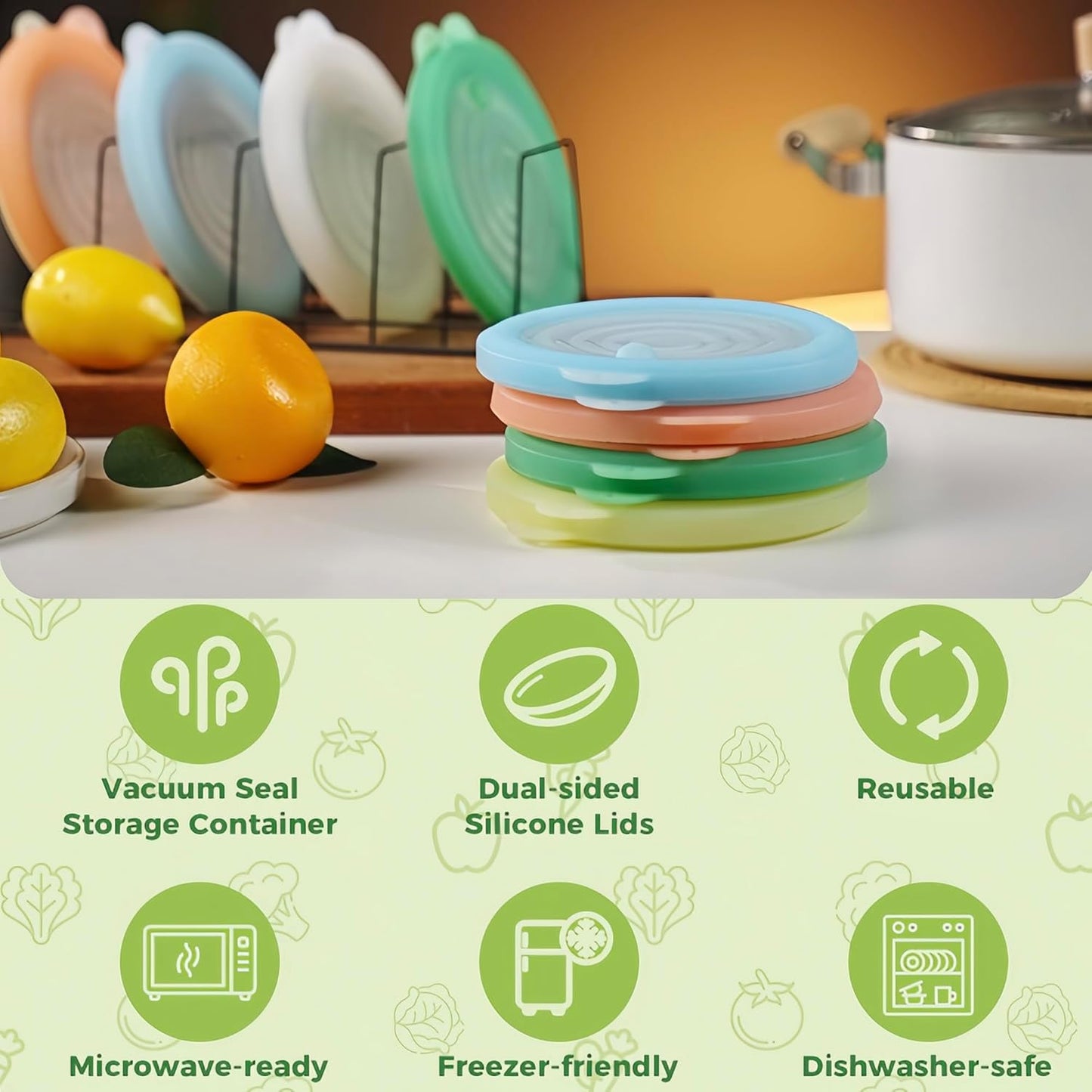 Silicone Reusable Vacuum-Seal Storage Containers for Fridge,Fresh Fruit,Vegetables,Garlic,Onions,Lemons,Potatoes,Meat,for Microwave Oven Heating,Freezer,Dishwasher,Avocado Saver,Tomato Holder,3 Pack