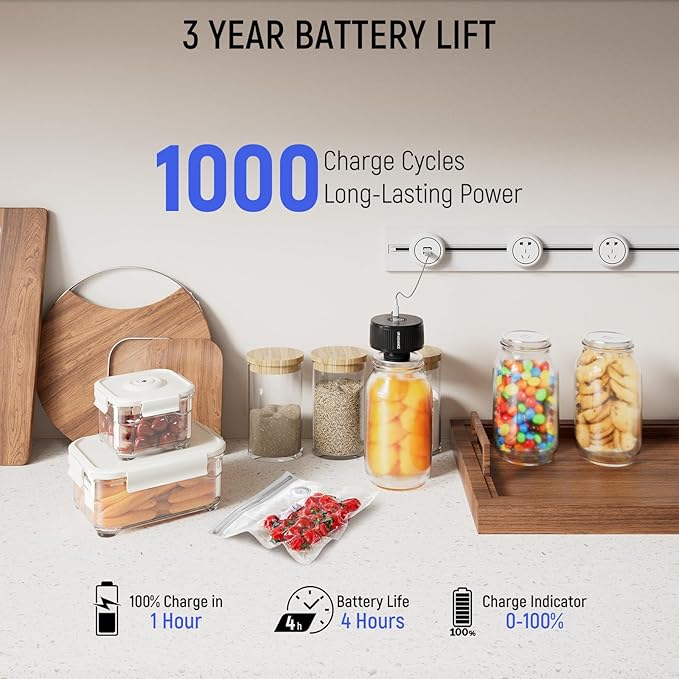 2nd Gen Electric Mason Jar Vacuum Sealer, 3-in-1 Auto-Stop Vacuum Sealer for Jars, Bags & Containers, 1H Fast Charge, 4H Battery Life, Up to 250 Seals, Mason Jar Sealer in 7s Easy One-Handed Operation