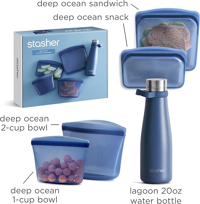 Stasher On-The-Go Boxed Starter Kit 5-Pack, Premium Silicone Reuseable Food Storage Bags, Deep Ocean, Water Bottle, Multi-Use Travel Containers, BPA Free, Leak-free, Dishwasher Safe, Eco-Friendly
