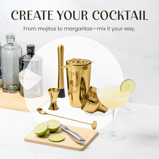 Mixology & Craft Bartender Kit: 10-Piece Cocktail Shaker Set with Dark Bamboo Stand | Complete at Home Bar Set with Bar Accessories | Great Housewarming Gift | Leak-Proof Design (Gold)
