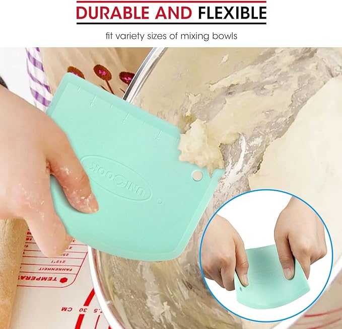 Unicook Dough Scraper Cutter, Flexible Plastic Bench Scraper for Baking Pizza/Pastry/Cake, Multipurpose Baking Tools with Measuring Scale, 2 Pack