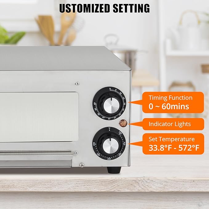 1100W Countertop Electric Pizza Oven,Stainless Steel Pizza Oven Maker with Timer & Removable Tray for Home, Kitchen & Restaurant, Silver