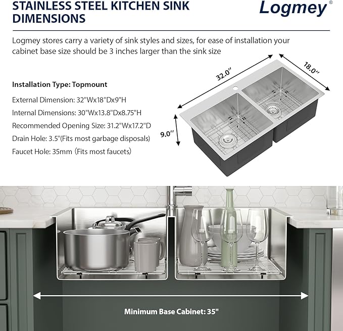 Logmey 32 Inch Drop In Double Bowl Sink - 32x18 Inches Handmade Stainless Steel Doble Sink 16 Gauge 50/50 Double Bowl Kitchen Sink 32x18x9 Inches Topmount Sinks