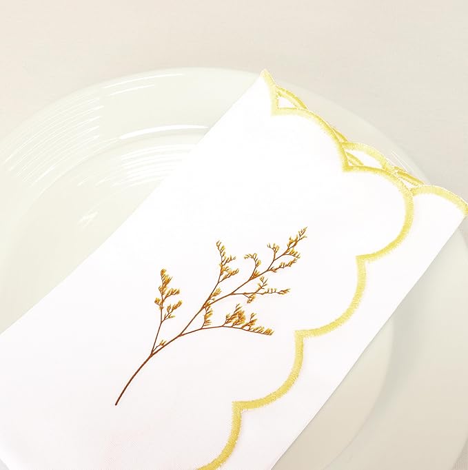 PurpleEssences Scalloped Embroidery Cloth Napkins Christmas Holiday Winter Table Decor 100% Cotton Set of 4-18 x 18 inch - White - Edges - Yellow