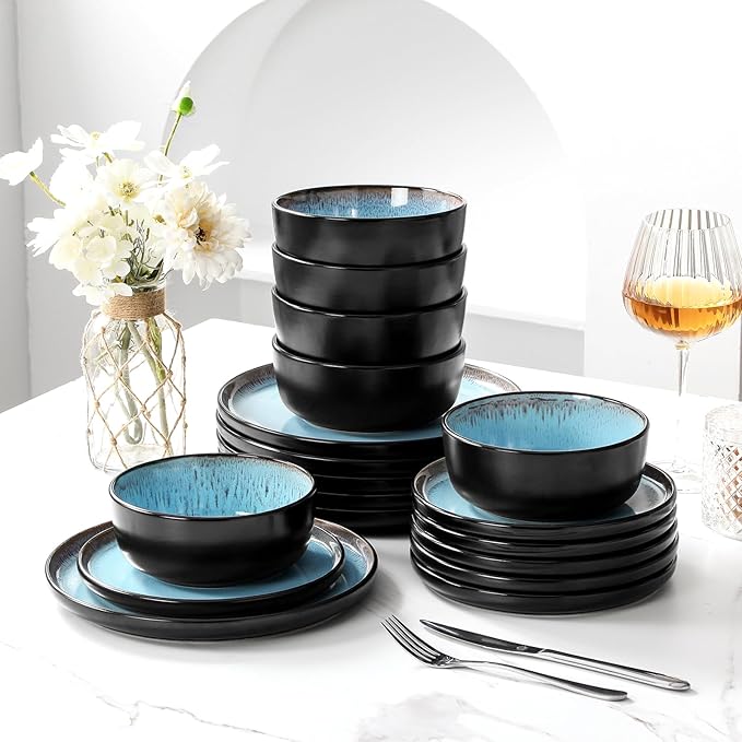 vancasso Plates and Bowls Sets, 18 Pieces Stoneware Dinnerware Sets for 6, Kitchen Dish Set Mircowave and Dishwasher Safe Dinner Set Ceramic Dishware, Sky Blue, Series AMBER