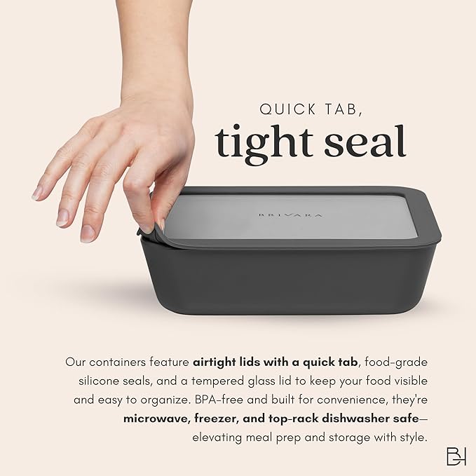 Ceramic Coated Glass Food Storage Container | No PTFE, PFOA, PFAS, and BPA | Reusable Non Toxic Meal Prep Container with Glass Lid | Easy To Store | 6 Cup Rectangle [Onyx]