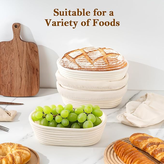 10 Inch Bread Banneton Proofing Basket Set of 4 Oval Sourdough Bread Baking Supplies Rattan Banneton Dough Proofing Bowls with Liners Sourdough Starter Kit for Home Dough Making and Baking