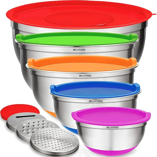 Belwares Mixing Bowls with Lids Set of 5 - Stainless Steel Nesting Bowls with Non-Slip Silicone Bottoms, Airtight Lids & 3 Grater Attachments Kitchen Baking Bowls for Food Prep & Storage (Colorful)