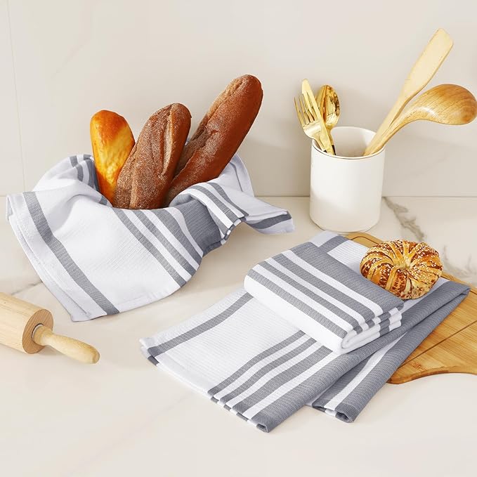Homaxy Premium Kitchen Towels 18”x 28”, Large Cotton 380 GSM Kitchen Hand Towels, Stripe and Terry Dish Towel, Highly Absorbent Tea Towel Set with Hanging Loop, 6 Pack, Grey