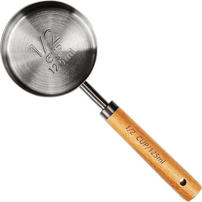 Measuring Cup with Wooden Handle, 1/2 Cup Titanium-plating 125 Ml Stainless Steel, Space Gray