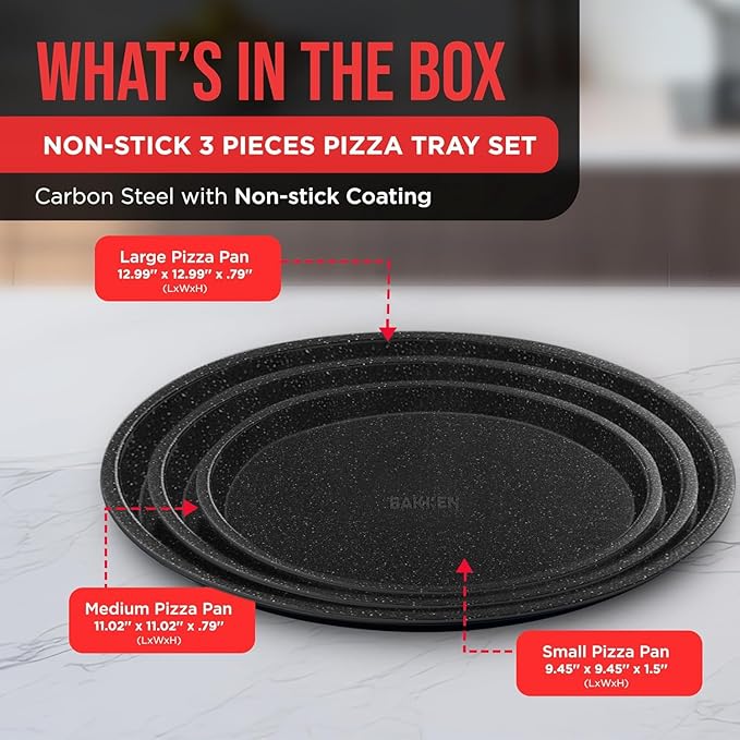 Gray Marble Non Stick Pizza Pans Set of 3 – Carbon Steel Pizza Baking Trays (9.45", 11.02", 12.99") for Oven Use, Durable, PFOA, PFOS, PTFE Free, Dishwasher Safe, Stain-resistant, Easy Cleanup