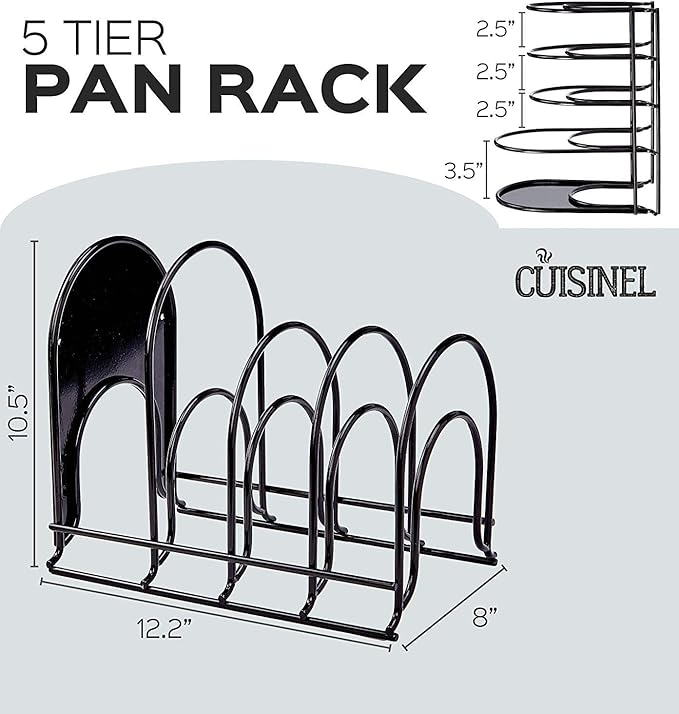 Cuisinel Heavy Duty Pots and Pans Organizer Rack - 12.2"-Inch Tall - 5 Tier Rack - Holds 50 LB - Cast Iron Skillets, Griddles, Shallow Cookware - Space Saving Kitchen Storage - No Assembly Required