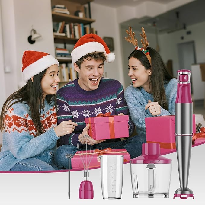 Immersion Blender Handheld Corded Hand Blenders Set 1100W, Trigger Variable Speed 5 in 1 Stick Emulsifier with Chopper, Whisk and Frother for Soup, Baby Food and Smoothies, Rose Red