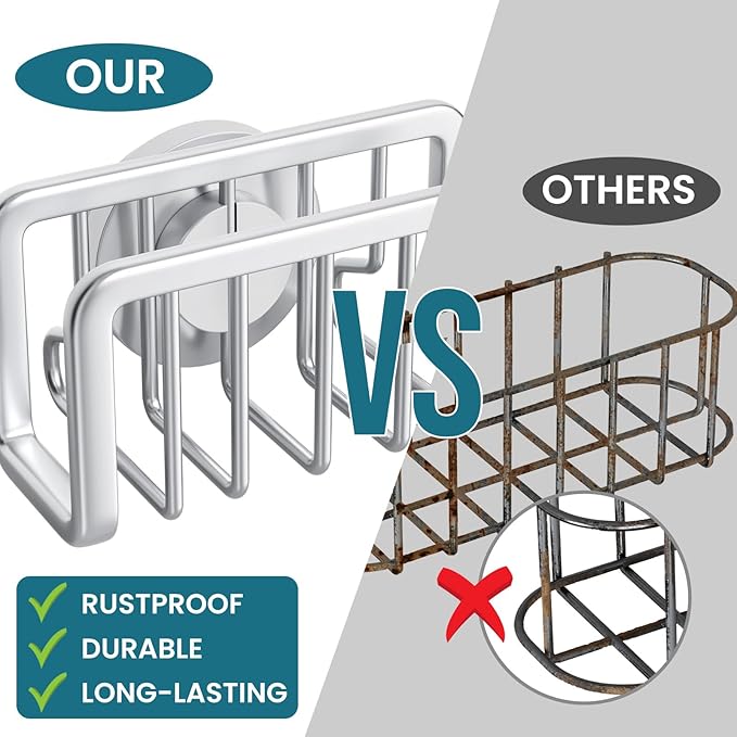 TAILI Sponge Holder for Kitchen Sink with Strong Suction Cup, Removable Sponge Holder, Rustproof Aluminum Sink Caddy for Sponges, Dish Brush - Silver