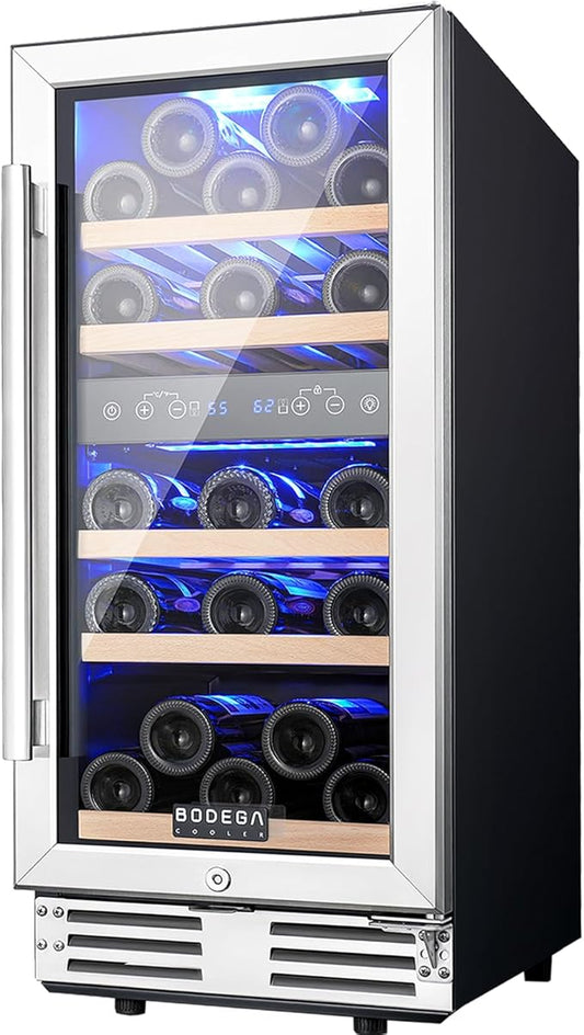 BODEGA 15 Inch Wine Fridge Dual Zone, 30 Bottle, Black Under Counter Freestanding Wine Cooler For Home and Kitchen, with Double-Layer Glass Door, Digital Temperature Control and Temperature Memory.