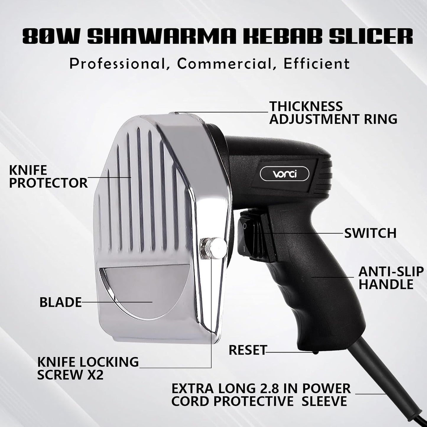 VONCI 80W Commercial Gyro Cutter, Electric Shawarma Knife, Doner Kebab Meat Slicer With 2 Blades, 2600 RPM, 0-8mm Adjustable Thickness, Powerful Turkish Grill Machine.