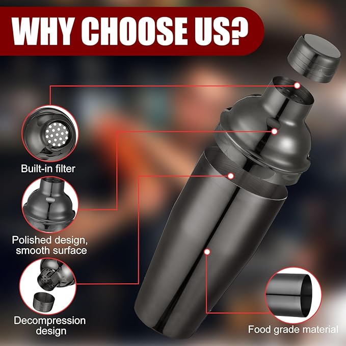 Nitial 6 Pcs Bar Cocktail Shaker Professional Stainless Steel Martini Drink Mixer Built-in Strainer for Bartending No Leaks Shaker for Bar Party Drink Mixer (Black,25 oz)