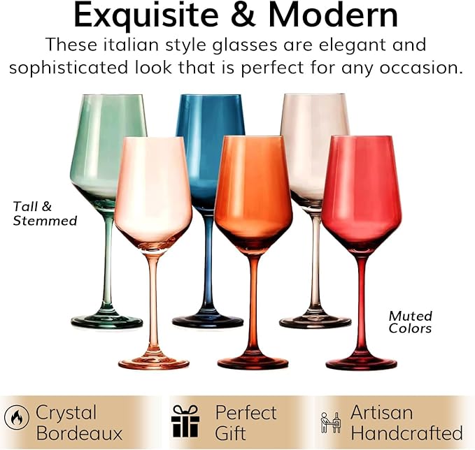 Colored Crystal Wine Glasses - Water & Wine 12oz | Set of 6 | Cute Pastel Muted Crystal Cocktail Glassware, Unique Gift Wife, Her, Mom, Friend Goblet Cocktails, Red & White Tall Stemmed Drinkware