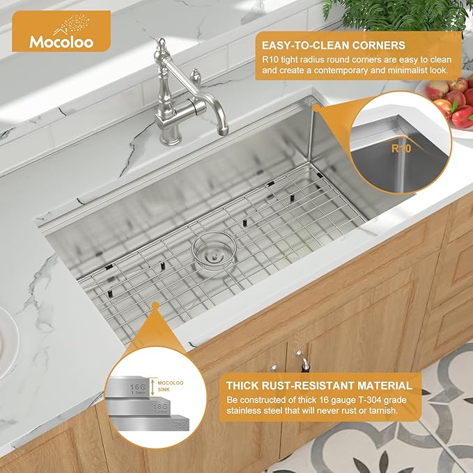 32 Kitchen Sink Undermount - Mocoloo 32 x19 Stainless Steel Kitchen Sink 16 Gauge Deep Single Bowl Handmade Under Counter Basin with Ledge Workstation